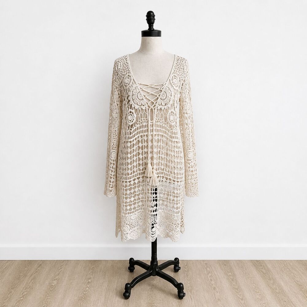 Boho Crochet Lace Swim Cover Up Cream Cotton Sheer Tunic Festival Beach OS